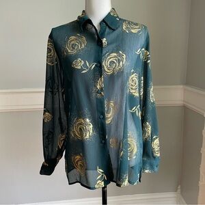 Vintage 90s Apparenza Sheer Gold Rose Blouse Green Crinkle Button Down Small